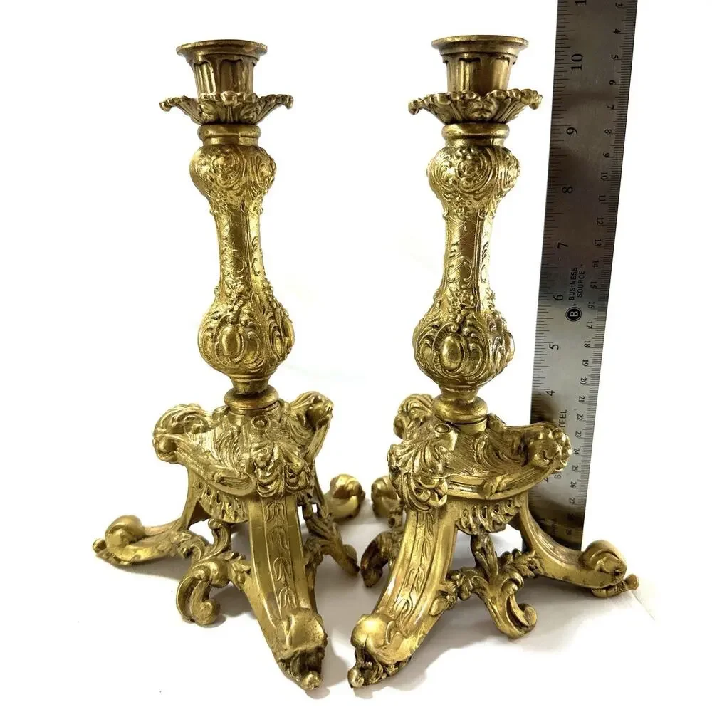 Vintage BWM Co Gold Tone Rococo Candlestick Holders Pair 10.25” Baroque 1002